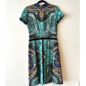 Etro Turquoise High Necked, Knee Length, Short Sleeved Paisley Dress - Size EU44